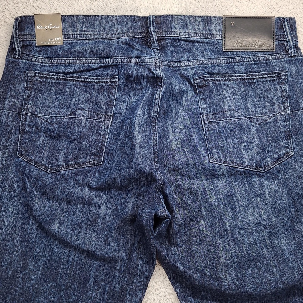 Robert Graham The Perfect Fit Jeans Mens 36x32 Dark Indigo Floral Stretch Denim - Picture 15 of 16